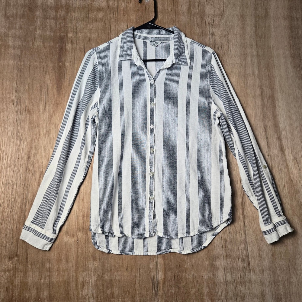 Orvis Womens Medium Blue White Striped Linen Blend Button Down Shirt